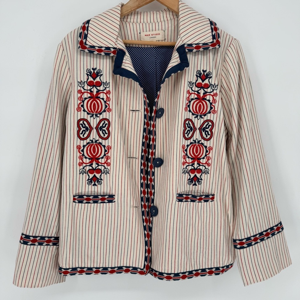 Max Studio London Natalie Embroidered Blazer Jacket L Large Cream Red Boho Folk - Picture 7 of 13